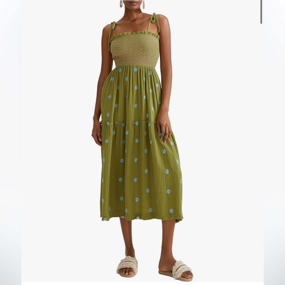 Smocked Tiered Midi Dress in Olive Green - Picture 3 of 10